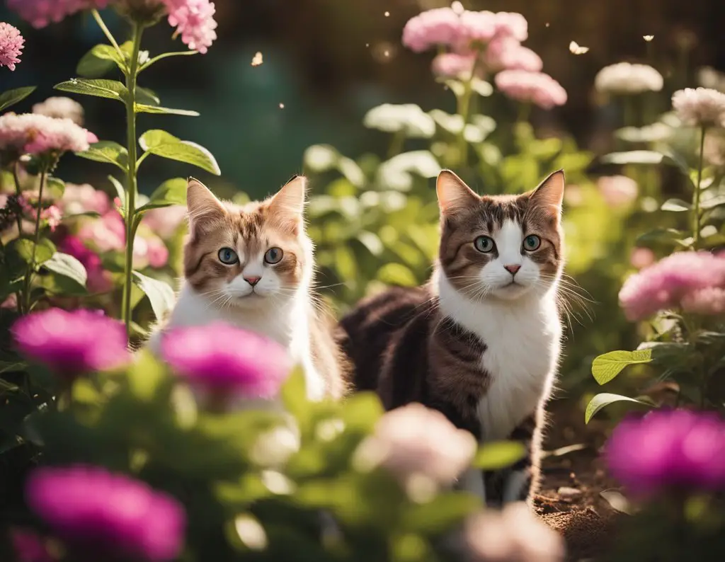 two cats in a flower garden