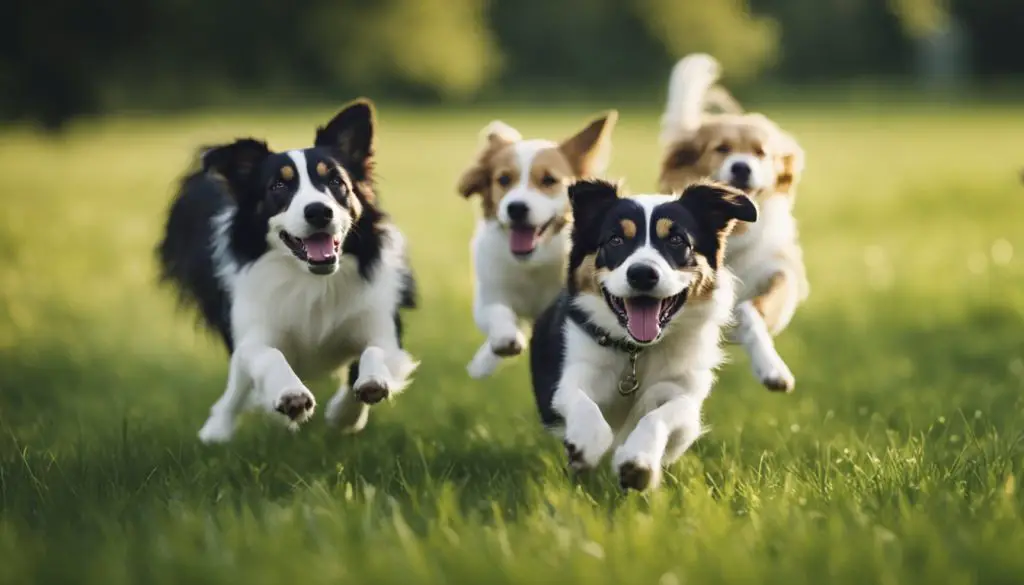 4 dogs running in green field