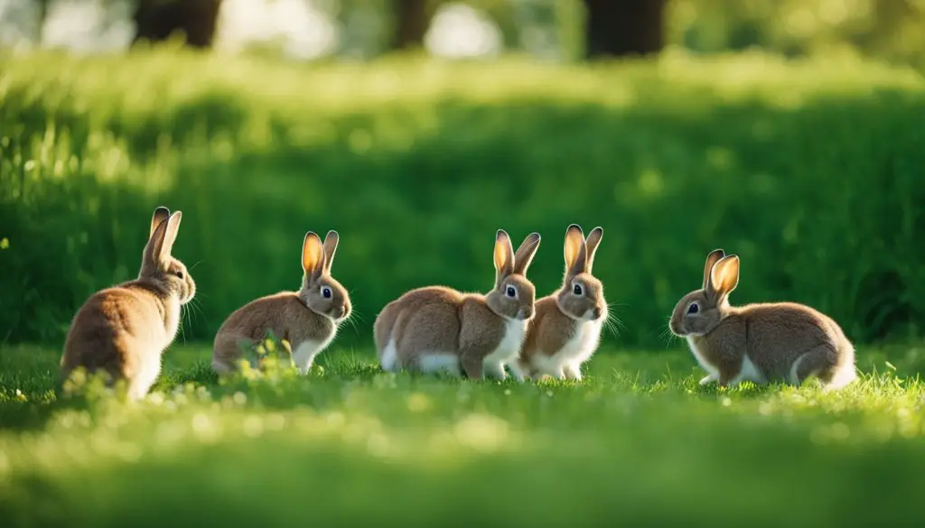 5 rabbits in a green field
