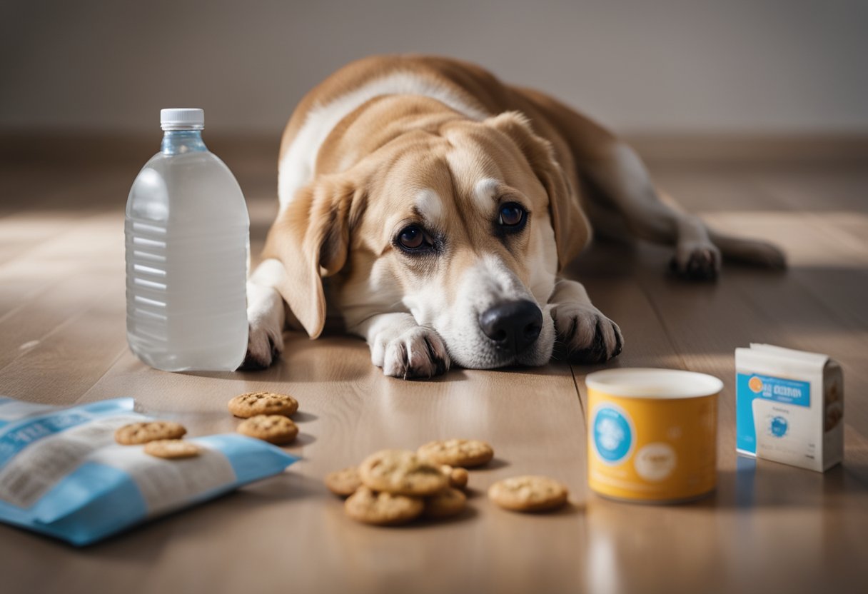 A dog lying on the floor with a spilled bag of treats nearby, a bottle of water, and a concerned owner looking at a "how to" guide