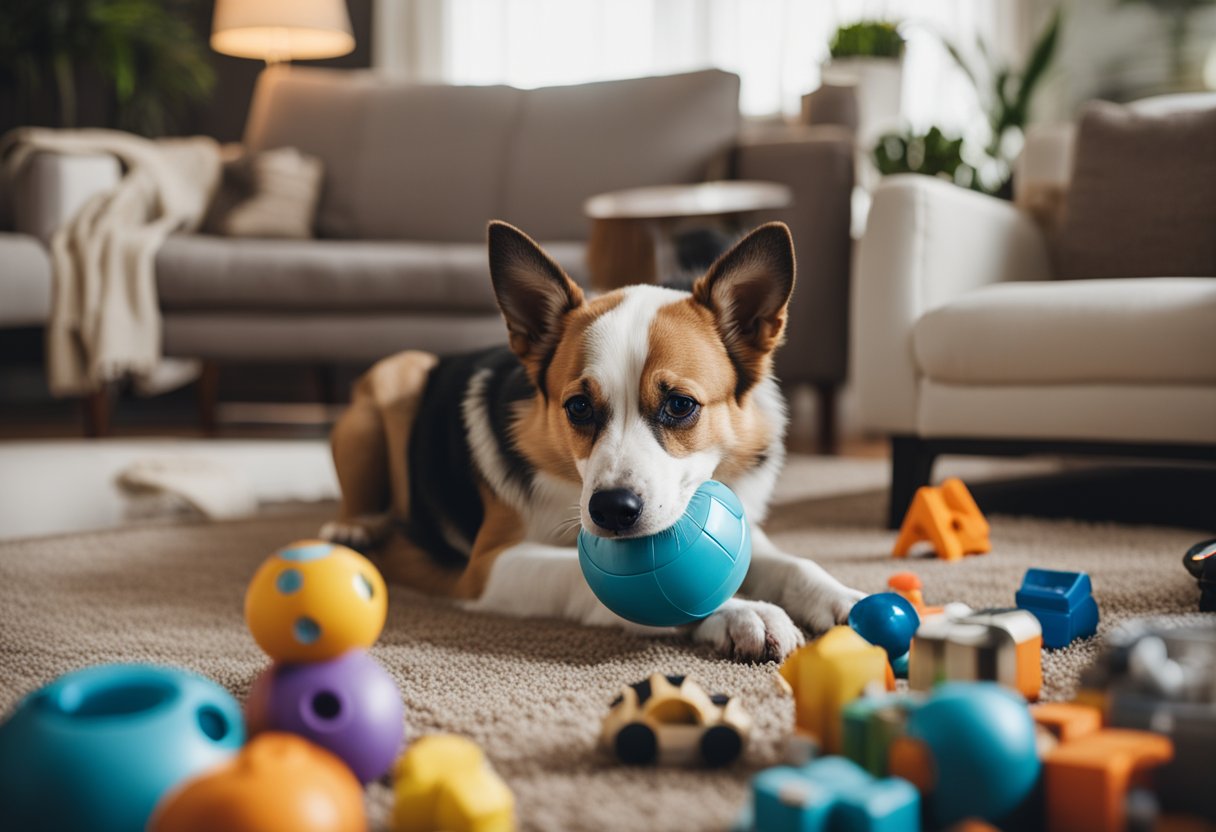 A dog sitting in a cozy living room, surrounded by familiar toys and a water bowl. A concerned owner holds a phone, searching for answers on how to help their pet